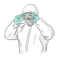 Man in ppe suit wearing protective glasses to prevent Covid-19 virus vector illustration sketch doodle hand drawn isolated on