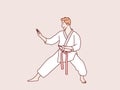 Man practice karate red belt stance ready to training simple korean style illustration