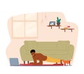 Man Practice Sports Activity At Home Watching Tutorial On Laptop. Male Character Stand In Plank Stretching Legs And Arms