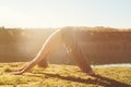 Man practices asanas on yoga in harmony with nature