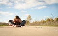 Man practices asanas on yoga in harmony with nature