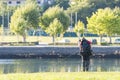 A man practices fishing in Pontevedra Spain