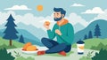 A man practices mindful eating during a hike stopping to enjoy a snack bar and a scenic view. He takes time to tune out