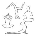 Man practices yoga in lotus position, cobra, balance hand drawn in doodle style. vector, scandinavian, monochrome. set of elements Royalty Free Stock Photo