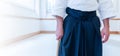 Man practicing aikido in a dojo background. Royalty Free Stock Photo