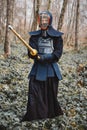 Man practicing kendo with shinai bamboo sword on forest background. Place for text or advertising Royalty Free Stock Photo