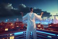 Man practicing qigong showing energy of tai chi outdoors, evening city lights and skyscrapers background