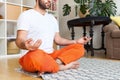 Close Up. Man practicing yoga and meditation at home. A series of yoga poses. Lifestyle concept Royalty Free Stock Photo