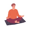 Man practicing yoga and meditation on mat. Calm person in lotus pose meditating and breathing. Peaceful yogi in zen