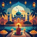 A man in prayer in front of a mosque with a crescent moon in the sky, in the middle of a pond with a pathway Royalty Free Stock Photo