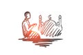 Man, prayer, religion, muslim, arabic, islam, mosque concept. Hand drawn isolated vector.