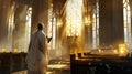A man praying in front of a stained glass window Royalty Free Stock Photo