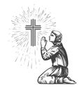 Praise of God. Shining cross, symbol of faith, worship. Man praying on his knees in vintage engraving style