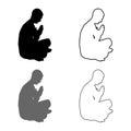 Man praying silhouette icon set grey black color illustration outline flat style simple image Royalty Free Stock Photo