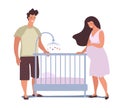 A man and a pregnant woman with a crib for a newborn, young parents are waiting for the birth of a child, young dad and