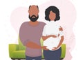 Man and pregnant woman. A poster on the theme of a child's steam jet. Happy pregnancy. Cute illustration in flat