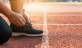 Man prepare to start running closeup on shoe