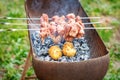 Man prepares barbecue meat with potatoes Royalty Free Stock Photo