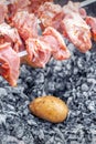 Man prepares barbecue meat with potatoes Royalty Free Stock Photo