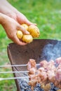 Man prepares barbecue meat with potatoes Royalty Free Stock Photo