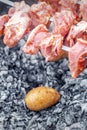 Man prepares barbecue meat with potatoes Royalty Free Stock Photo