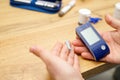 Man preparing for checking blood sugar level with glucometer by himself, treatment of diabetes concept. Royalty Free Stock Photo