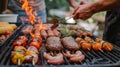 Man grilling Suya vegetables on outdoor grill rack, cooking delicious cuisine