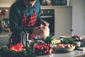 Man preparing delicious and healthy food in the home kitchen for christmas Christmas Duck or Goose Royalty Free Stock Photo