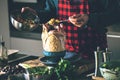 Man preparing delicious and healthy food in the home kitchen for christmas Christmas Duck or Goose Royalty Free Stock Photo