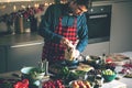 Man preparing delicious and healthy food in the home kitchen for christmas Christmas Duck or Goose Royalty Free Stock Photo