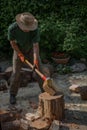 Man preparing firewood with a splitting wedge