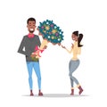 Man present woman bouquet of flowers happy valentines day holiday concept african american couple in love male female