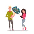 Man present woman bouquet of flowers happy valentines day holiday concept young couple in love male female cartoon