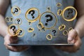 Man presenting 3D rendered question mark above the tablet screen in  his hands Royalty Free Stock Photo