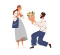 Man presenting flower bouquet to happy woman. Guy kneeling and giving floral bunch, romantic gift, surprise to girl Royalty Free Stock Photo