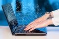 Man pressing notebook laptop computer with doodle icon cloud symbols