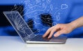 Man pressing notebook laptop computer with doodle icon cloud symbols