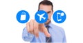 Man pretending to touch airplane mode icon against white background Royalty Free Stock Photo