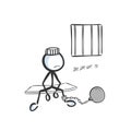 Man in a prison cell. Arrested criminal convict. Sitting in jail. Hand drawn. Stickman cartoon. Doodle sketch, Vector graphic Royalty Free Stock Photo