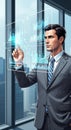 A man in a professional suit interacts with virtual data projections in a modern office Royalty Free Stock Photo