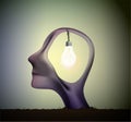 Man profile head with bulb inside, inspiration dream, think different,surrealistic dream, Royalty Free Stock Photo