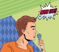 Man profile with microphone and music live word pop art style character