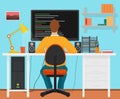 Man programmer back working on his PC computer. Coding and programming. Office interior programmer.