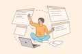 Man programmer develops UI and UX design using virtual screens, sitting on floor near laptop Royalty Free Stock Photo