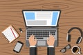 Programmer hands working on his PC computer. Vector.