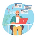 Man programmer work on computer laptop vector