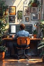 Man programming on desktop computer in a cozy green workspace Royalty Free Stock Photo