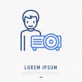 Man with projector thin line icon. Royalty Free Stock Photo