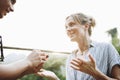 Man proposing to his happy girlfriend outdoors love and marriage concept Royalty Free Stock Photo