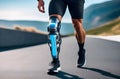 A man with a prosthesis runs along the road. Generative AI